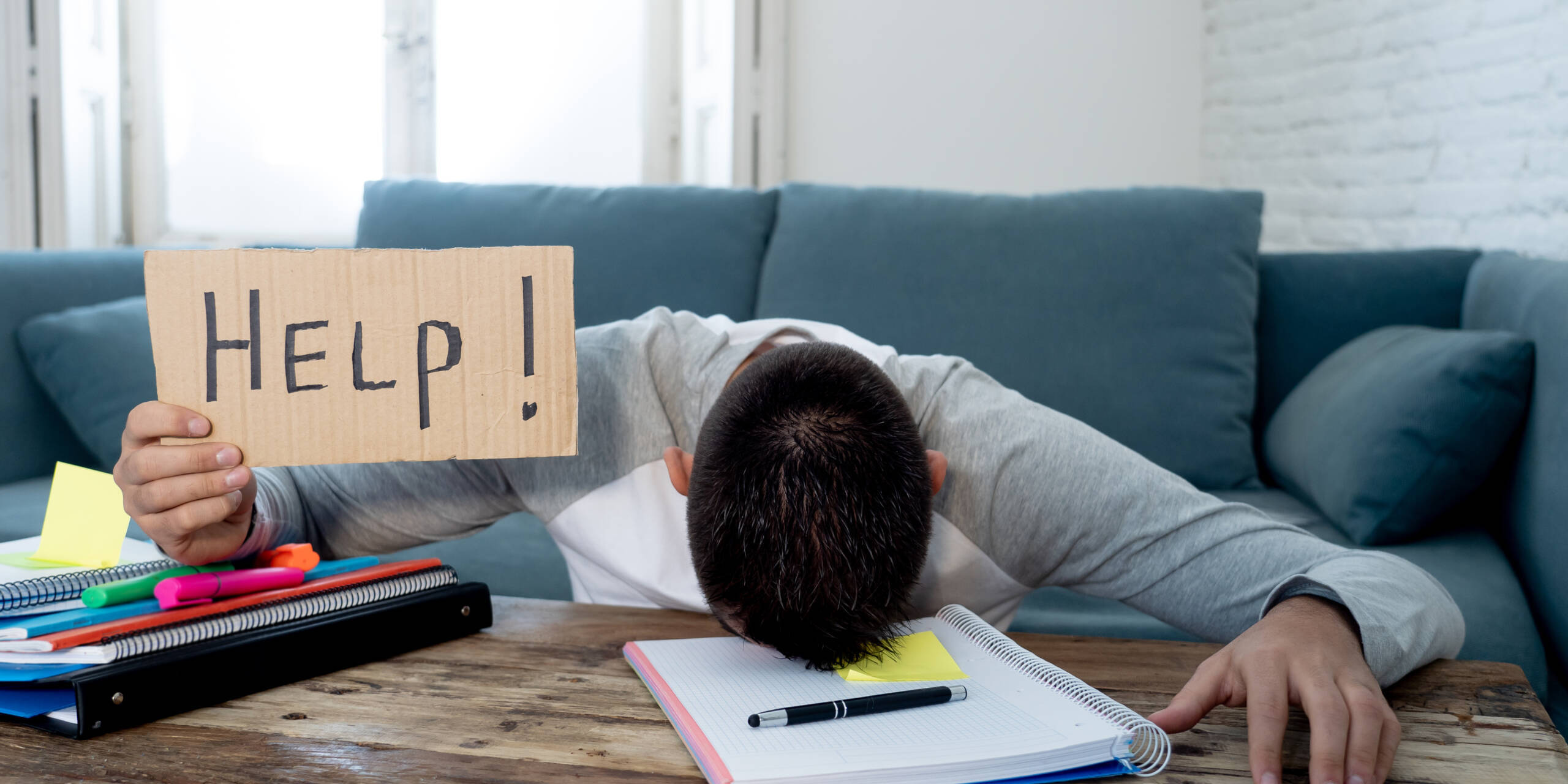 Young desperate student in stress working and studying holding a tips and tricks for college finals